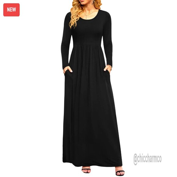 Dresses & Skirts - Long Sleeve Maxi Dress Empire Waist with Pockets Casual Stretchy Fabric